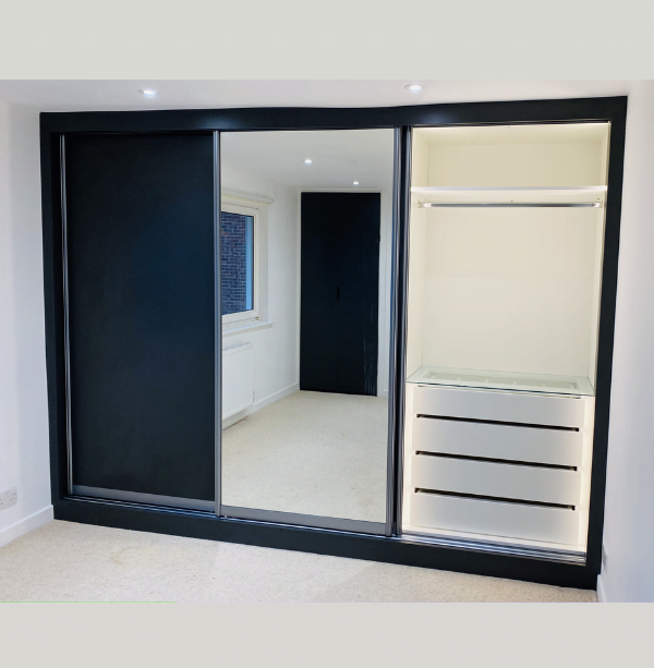 Fifth view of matt black sliding wardrobe with mirrored door and white interior