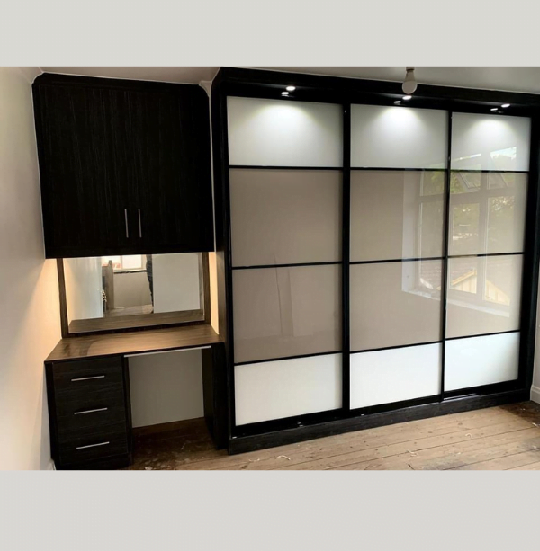 Sixth view of matt black sliding wardrobe with mirrored door and white interior