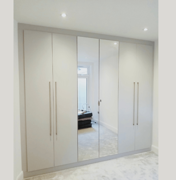 Twelfth view of matt stone and cream hinged wardrobe with black-framed doors