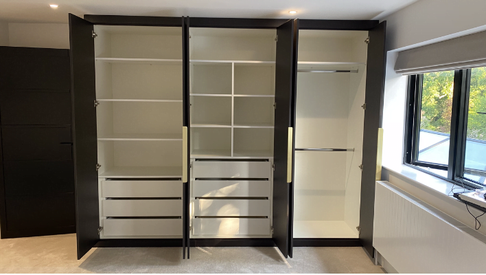 Fifth view of matt stone and cream hinged wardrobe with black-framed doors