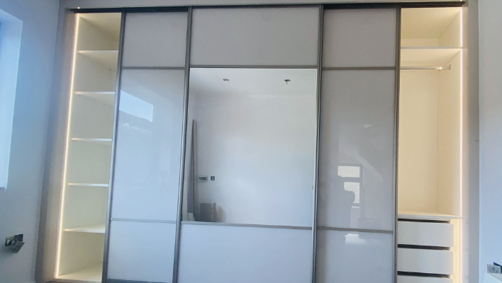 Sixth view of matt stone and cream hinged wardrobe with black-framed doors