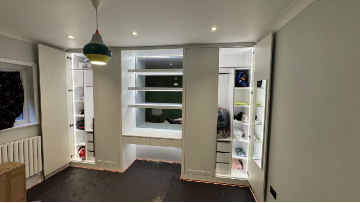 Seventh view of matt stone and cream hinged wardrobe with black-framed doors