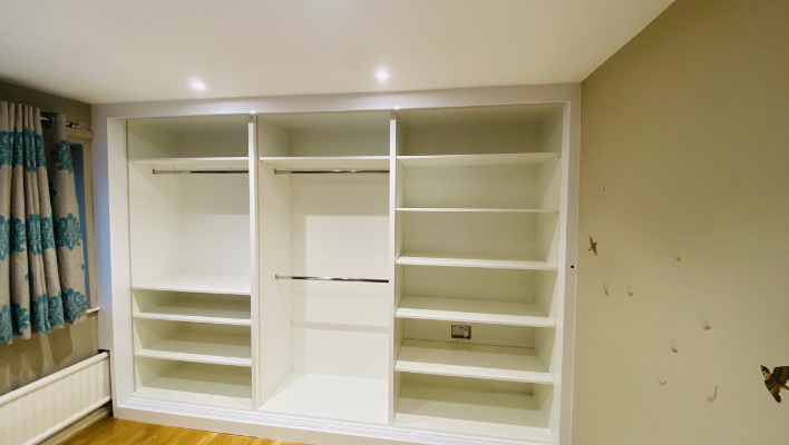 Eighth view of matt stone and cream hinged wardrobe with black-framed doors