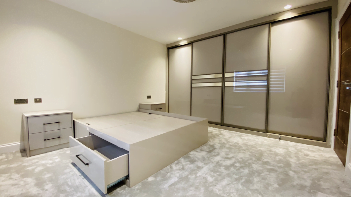 Ninth view of matt stone and cream hinged wardrobe with black-framed doors