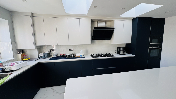 Fourth view of two-tone navy and cream matt kitchen in Romford extension