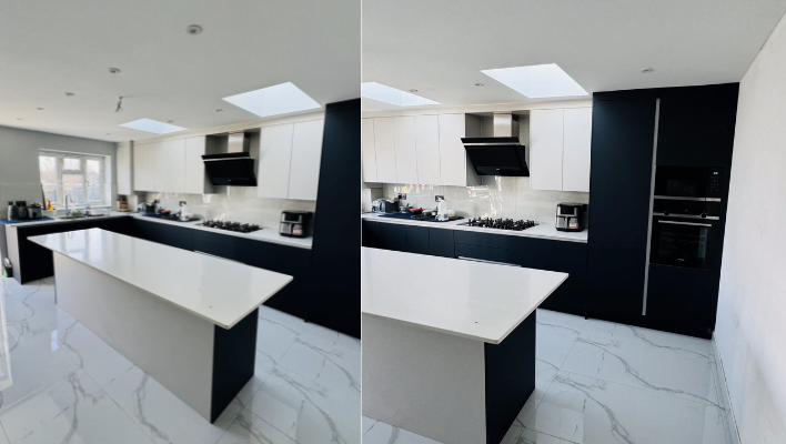 Fifth view of two-tone navy and cream matt kitchen in Romford with built-in oven
