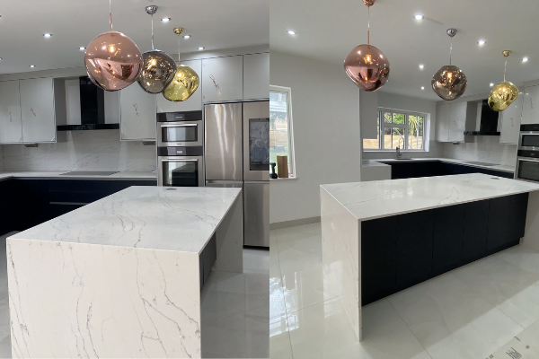 Third view of two-tone navy and white kitchen in Putney with pendant lighting over the island