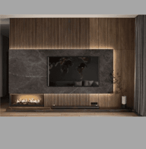 Contemporary dark stone media wall with vertical wood slats and electric fireplace in a UK home