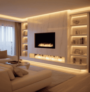 Cosy backlit media wall with integrated bookshelves and LED fireplace in a warm, elegant UK living room