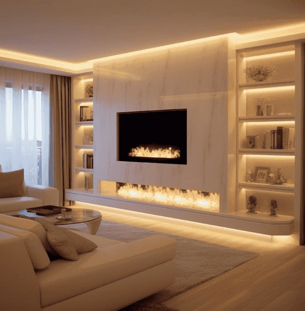 Cosy backlit media wall with integrated bookshelves and LED fireplace in a warm, elegant UK living room