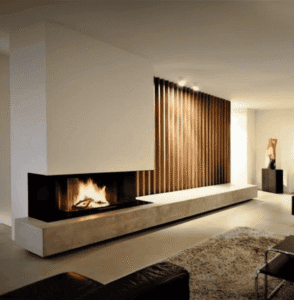 Minimalist white and wood media wall with long gas fireplace and spotlight features