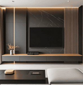 Chic black marble media wall with wooden accents and LED strip lighting in a luxury UK interior