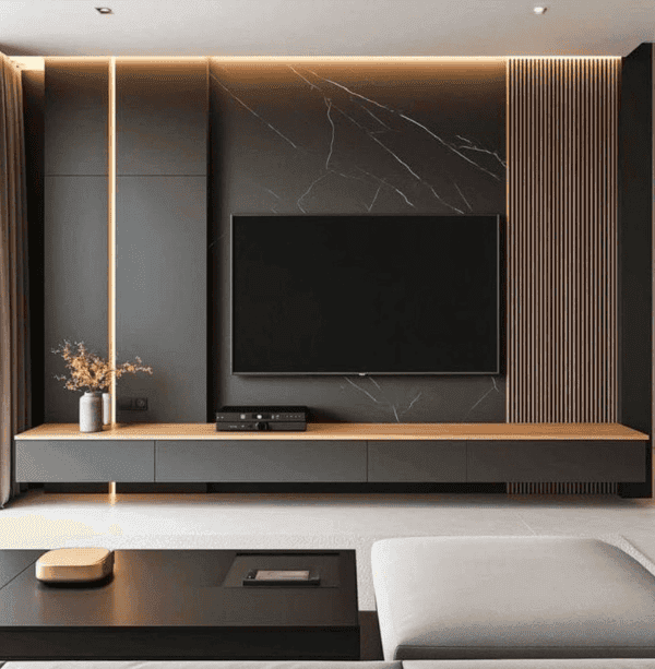 Chic black marble media wall with wooden accents and LED strip lighting in a luxury UK interior