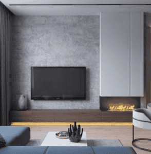 Sleek grey feature wall with minimalist TV unit and built-in fireplace for small UK living spaces