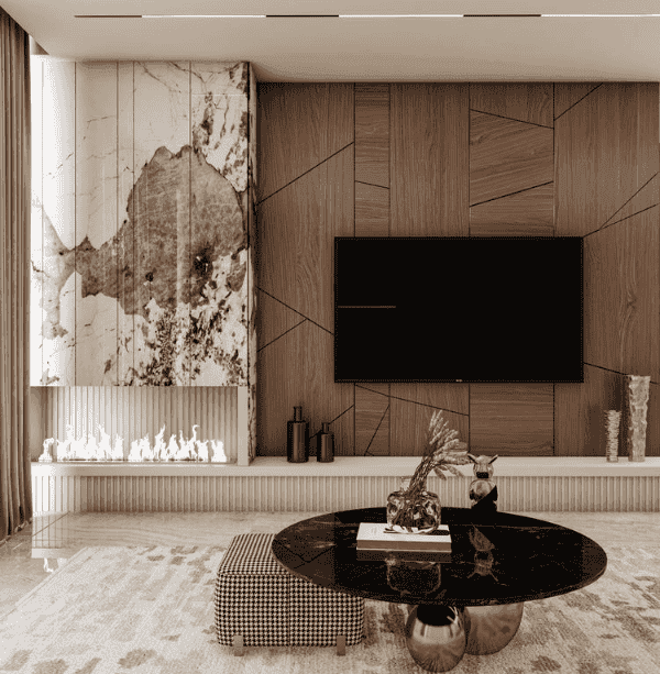 High-end media wall with marble fireplace surround and geometric wood panels in a UK apartment
