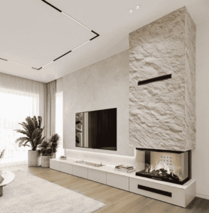 Elegant stone-textured media wall with mounted TV and ambient lighting in a contemporary living room