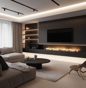 luxury media wall design with fireplace